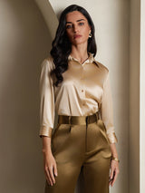 [Champagne] SilkSilky-NL 3/4 Sleeve Lapel Collar Dames Blouse 005