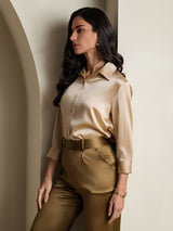 [Champagne] SilkSilky-NL 3/4 Sleeve Lapel Collar Dames Blouse 006