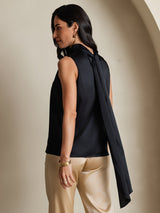 [Zwart] SilkSilky-NL 19Momme Mouwloos Strikhals Blouse 002