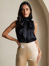 [Zwart] SilkSilky-NL 19Momme Mouwloos Strikhals Blouse 003