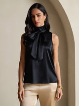[Zwart] SilkSilky-NL 19Momme Mouwloos Strikhals Blouse 005