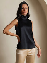 [Zwart] SilkSilky-NL 19Momme Mouwloos Strikhals Blouse 006
