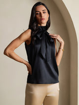 [Zwart] SilkSilky-NL 19Momme Mouwloos Strikhals Blouse 007