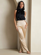 [Zwart] SilkSilky-NL 19Momme Mouwloos Strikhals Blouse 008