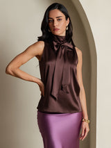 [Koffie] SilkSilky-NL 19Momme Mouwloos Strikhals Blouse 001