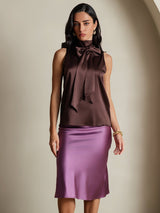 [Koffie] SilkSilky-NL 19Momme Mouwloos Strikhals Blouse 004