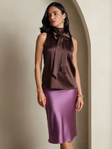 [Koffie] SilkSilky-NL 19Momme Mouwloos Strikhals Blouse 005