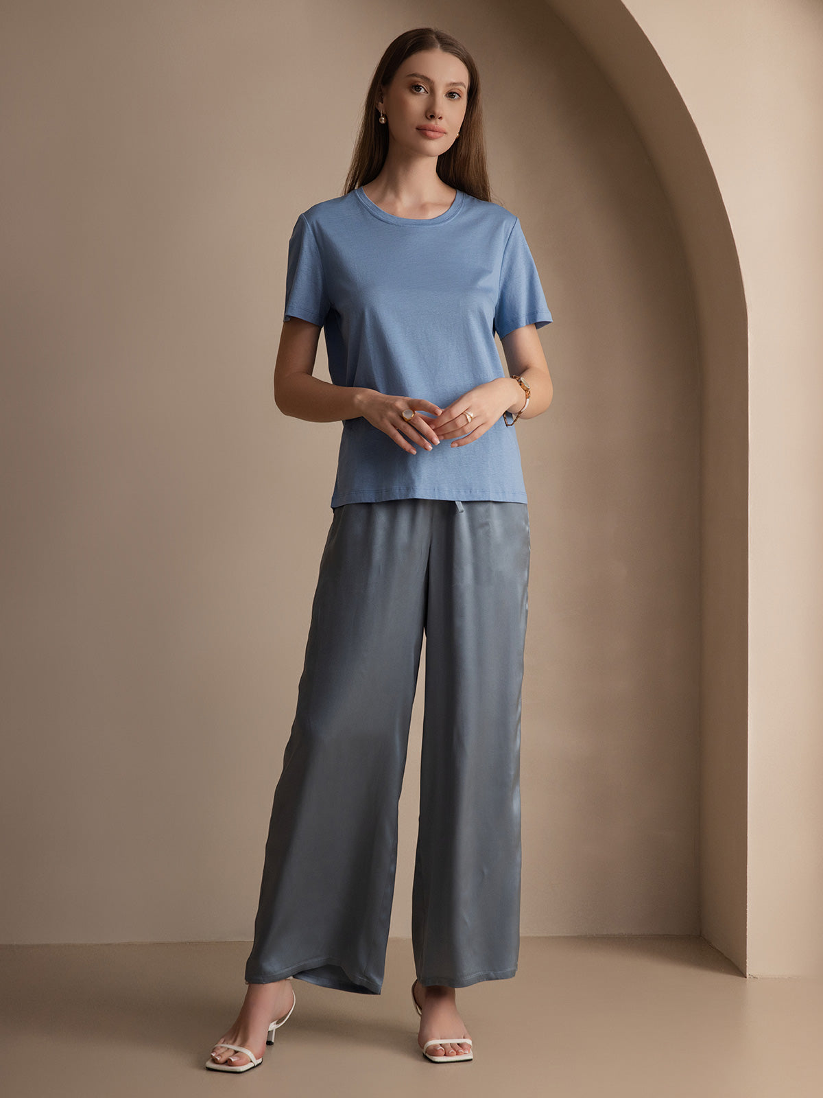 [Blauw] SilkSilky-NL Zijde Gebreid Ronde Hals Dames T-Shirt 005