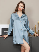 [Staal Blauw] SilkSilky-NL Lange Mouw Notchkraag Slaap Hemd 001