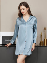 [Staal Blauw] SilkSilky-NL Lange Mouw Notchkraag Slaap Hemd 002