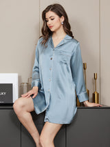 [Staal Blauw] SilkSilky-NL Lange Mouw Notchkraag Slaap Hemd 004