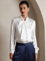 [Wit] SilkSilky-NL 19Momme Lange Mouw Strikhals Blouse 001