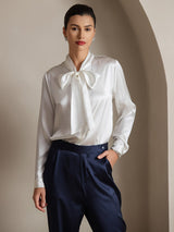 [Wit] SilkSilky-NL 19Momme Lange Mouw Strikhals Blouse 003
