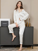 [Wit] SilkSilky-NL Lange Mouw Notchkraag Dames Pyjama Set 001