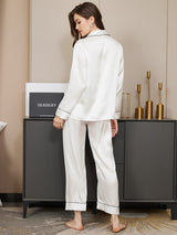 [Wit] SilkSilky-NL Lange Mouw Notchkraag Dames Pyjama Set 002