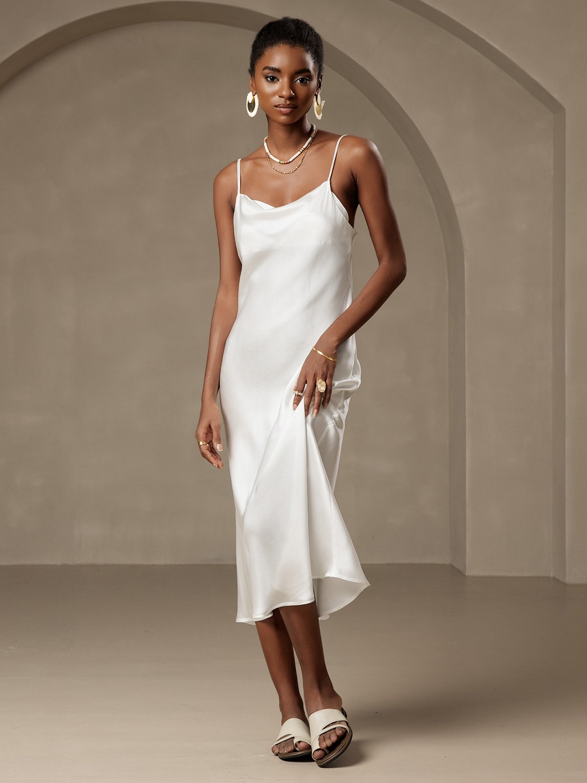 [Wit] SilkSilky-NL Spaghetti Bandjes Waterval Hals Jurk 005
