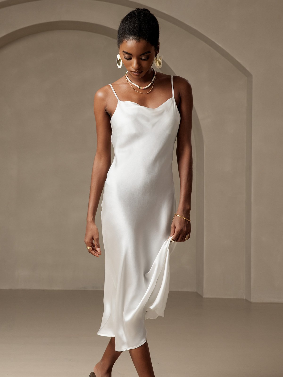 [Wit] SilkSilky-NL Spaghetti Bandjes Waterval Hals Jurk 006