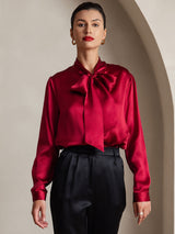 [Wijn] SilkSilky-NL 19Momme Lange Mouw Strikhals Blouse 001