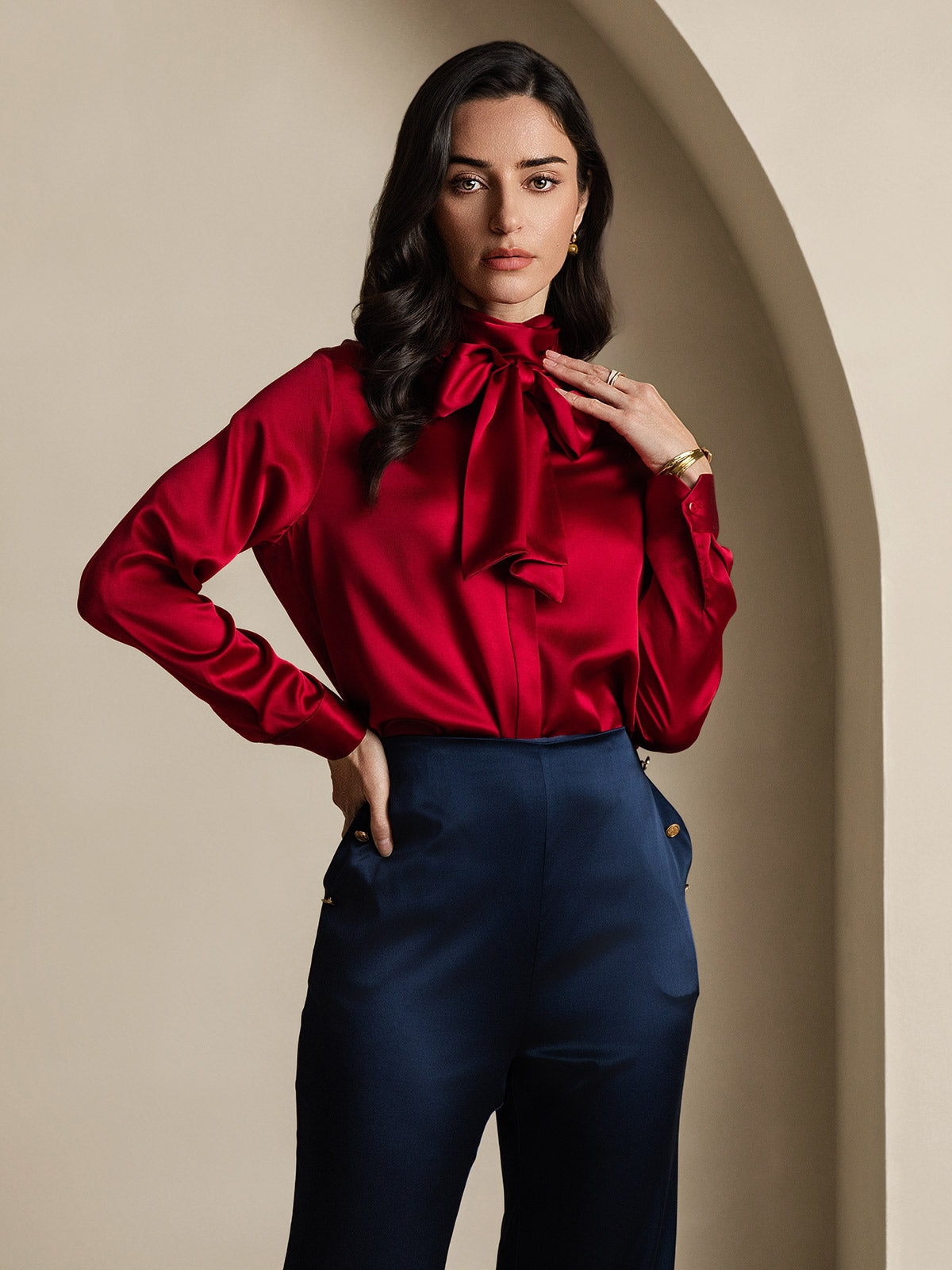 [Wijn] SilkSilky-NL 19Momme Zijde Lange Mouw Blouse 004