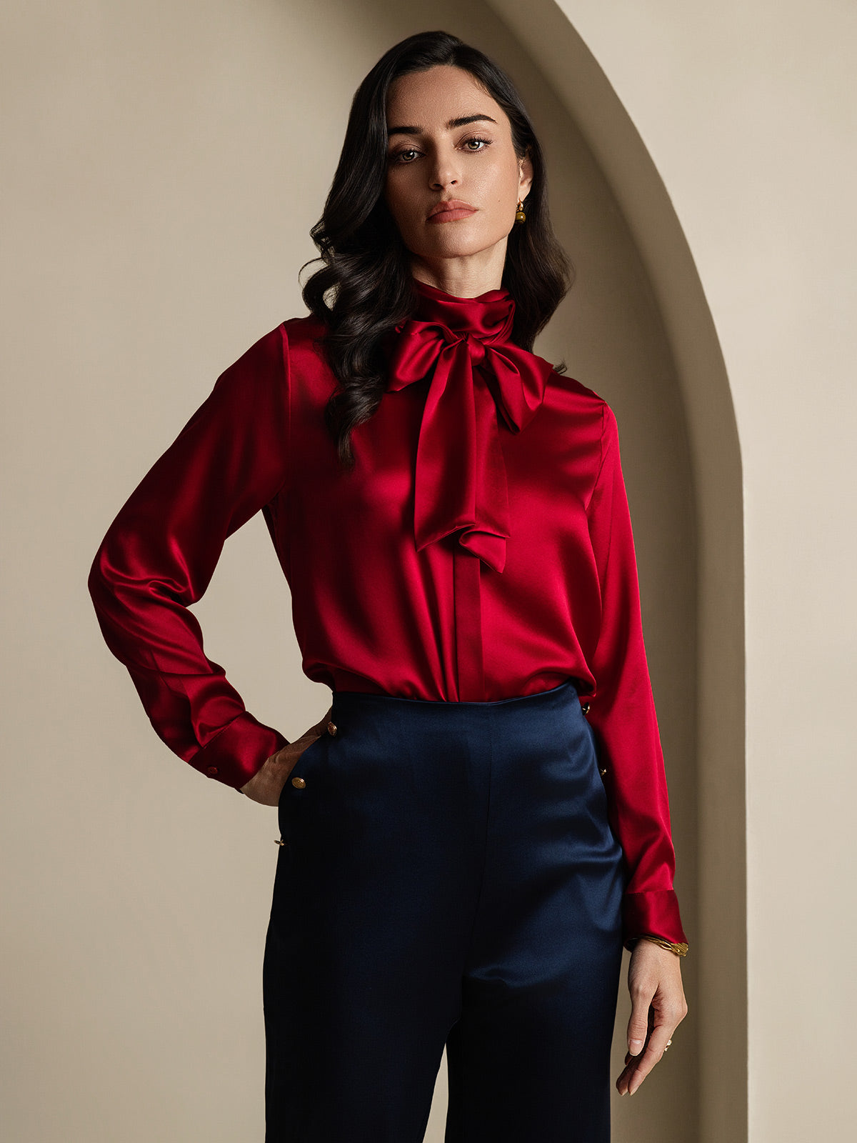 [Wijn] SilkSilky-NL 19Momme Zijde Lange Mouw Blouse 005