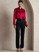 [Wijn] SilkSilky-NL 19Momme Lange Mouw Strikhals Blouse 005