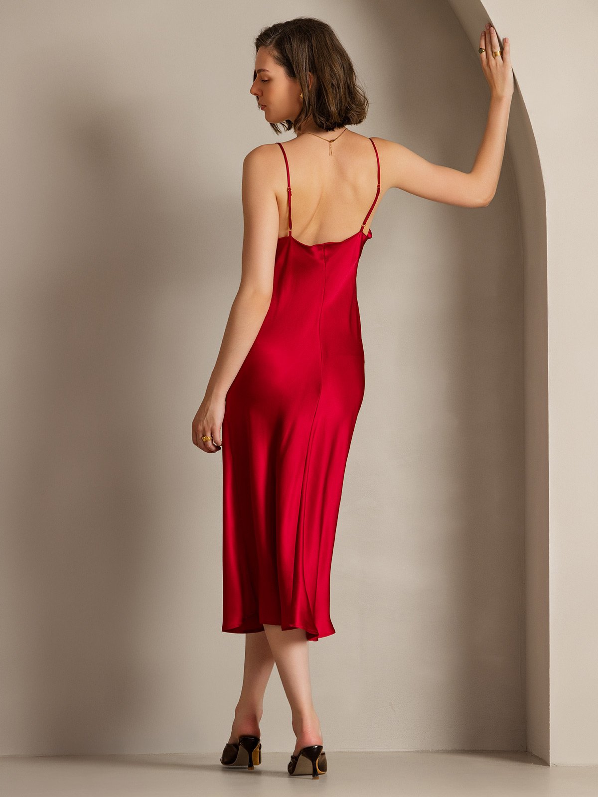 [Wijn] SilkSilky-NL Spaghetti Bandjes Waterval Hals Jurk 002