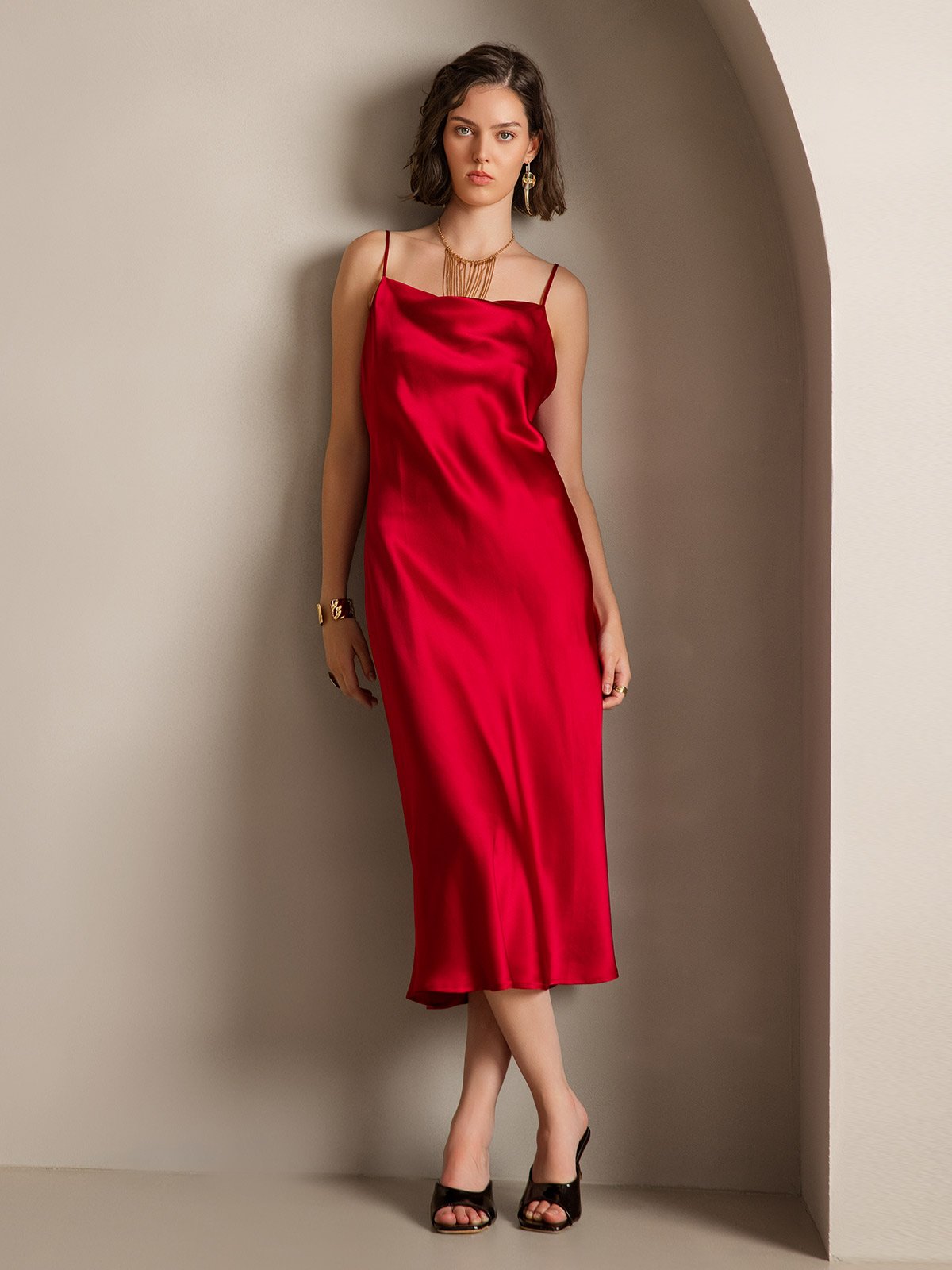 [Wijn] SilkSilky-NL Spaghetti Bandjes Waterval Hals Jurk 004