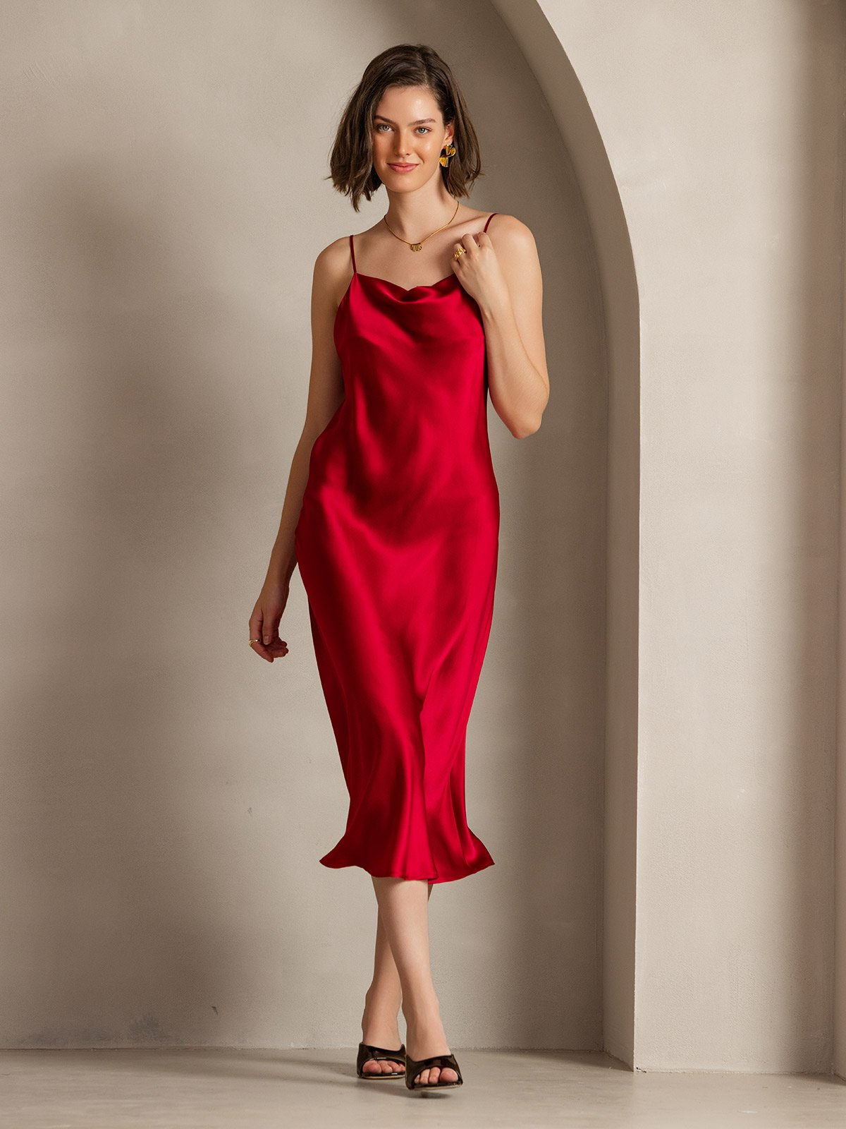 [Wijn] SilkSilky-NL Spaghetti Bandjes Waterval Hals Jurk 006