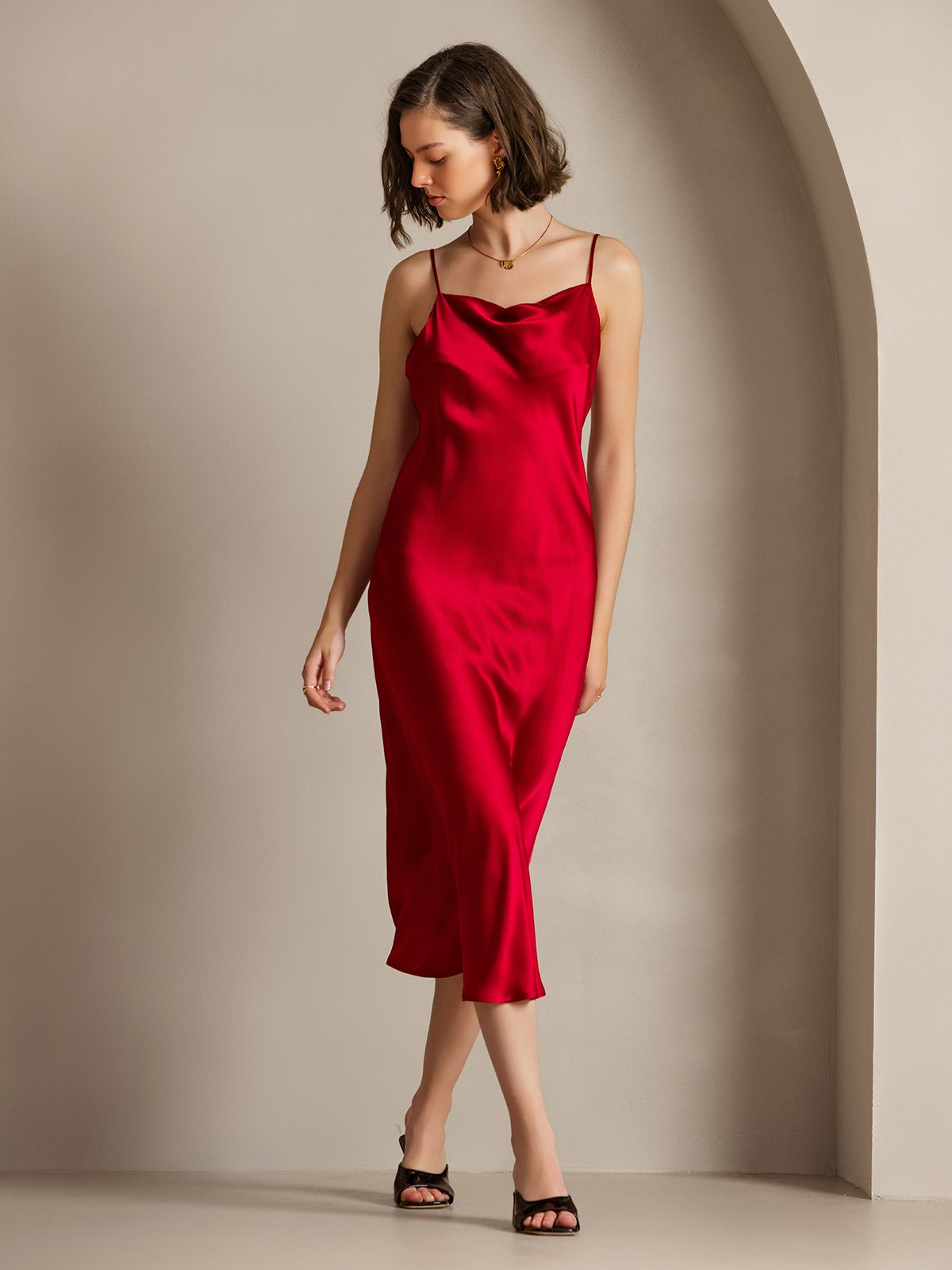 [Wijn] SilkSilky-NL Spaghetti Bandjes Waterval Hals Jurk 007