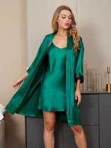 [Groen] SilkSilky-NL 3/4 Mouw V Hals Nachthemd&Kamerjas Set 005