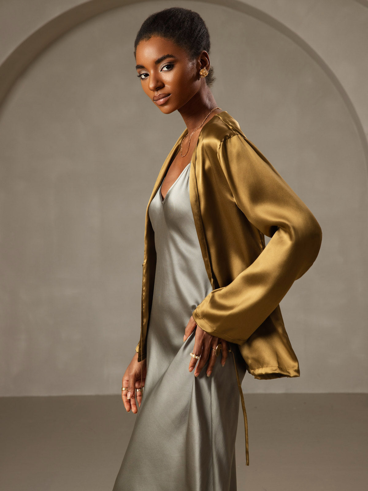 [Grijsachtig Groen] SilkSilky-NL Mouwloos Ronde Hals Jurk 006