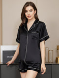 SilkSilky-NL Korte Mouw Revers Dames Pyjama Set Zwart 003