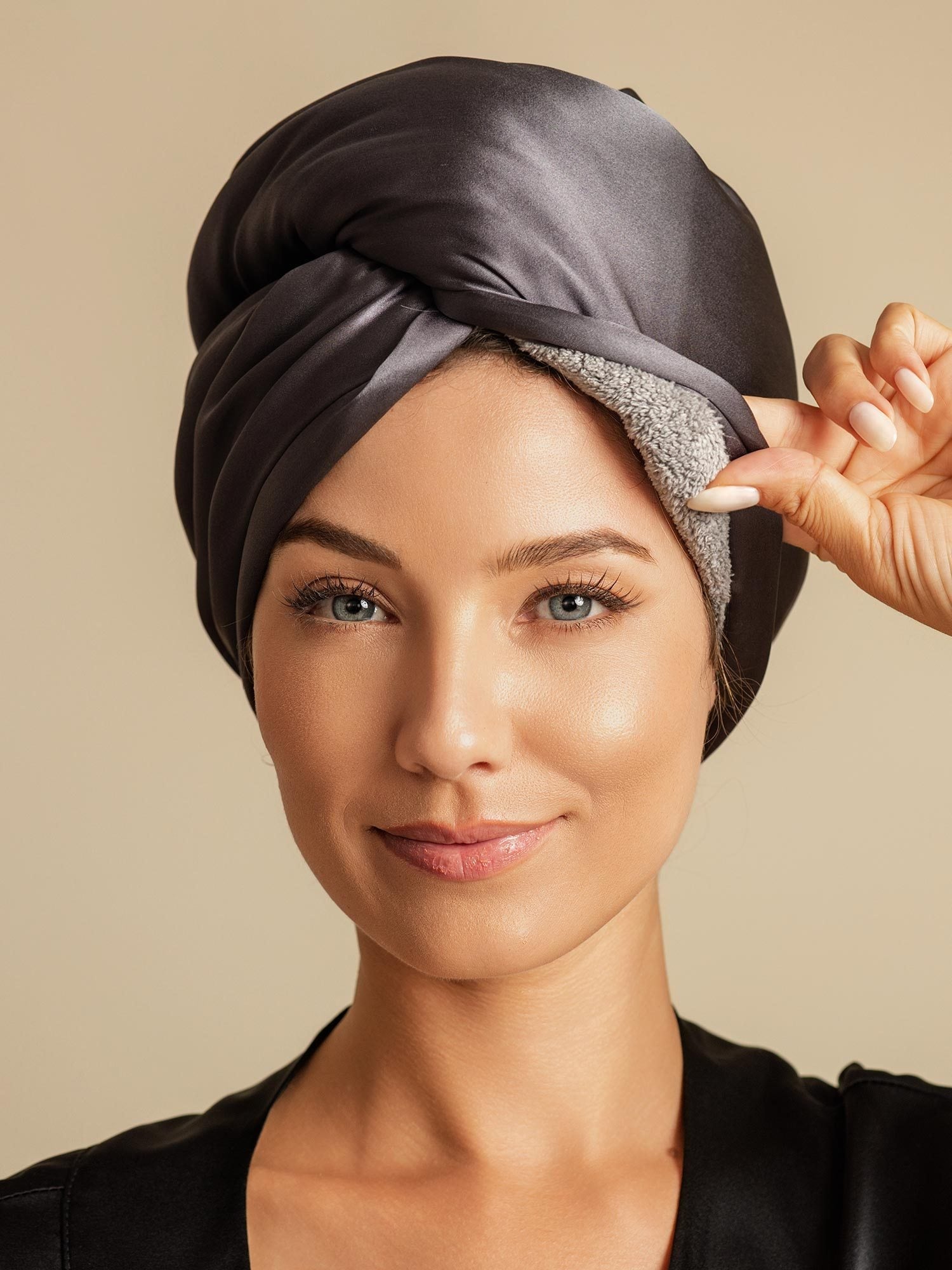 [Donkergrijs] SilkSilky-NL Zijde Hair Towel Wrap 005,