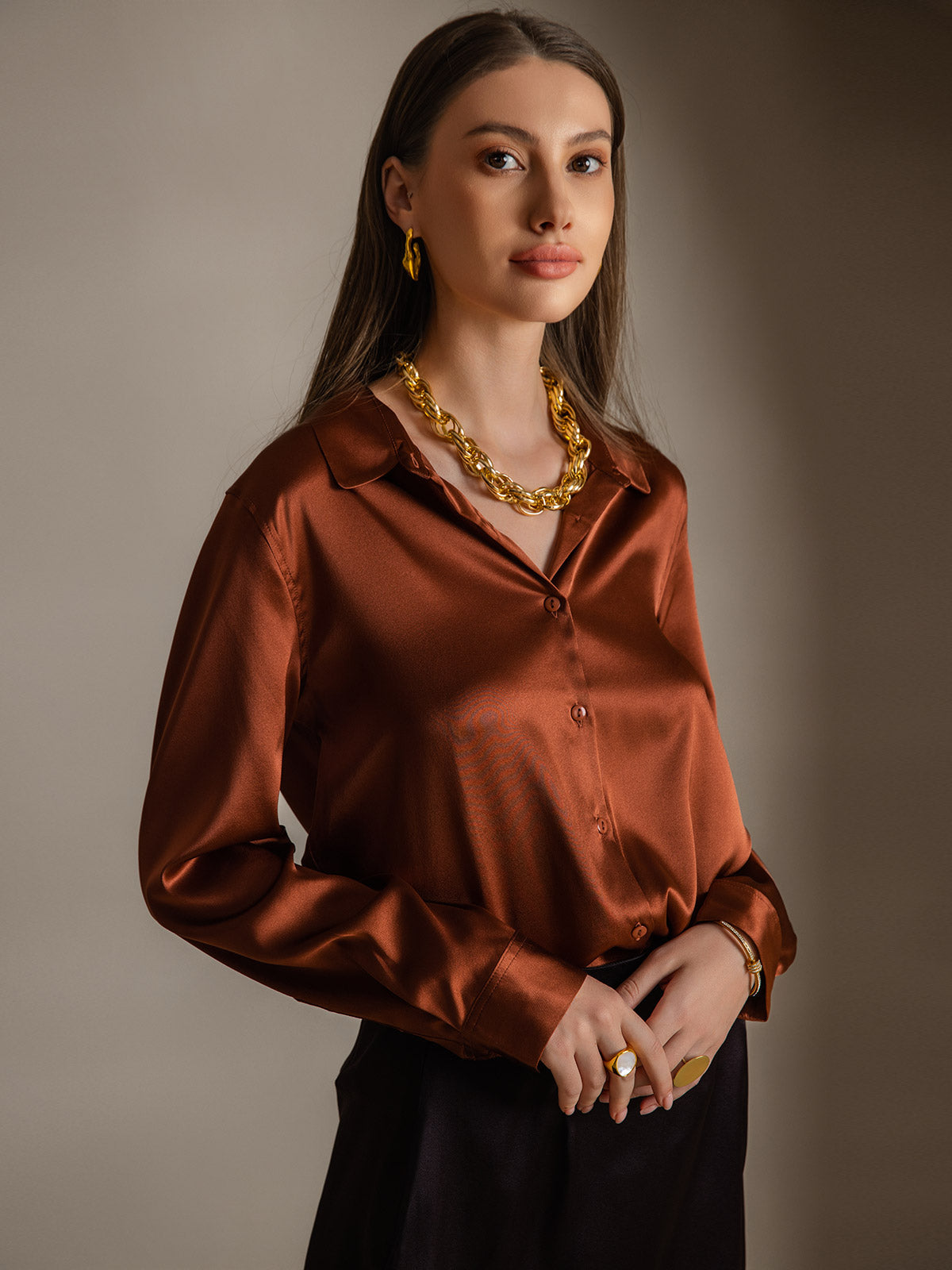 [Koffie] SilkSilky-NL Zijde Kraag Dames Blouse 003