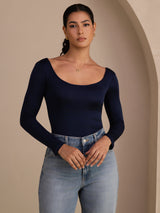 [Donkerblauw] SilkSilky-NL Long Sleeve U-hals Dames T-Shirt 003