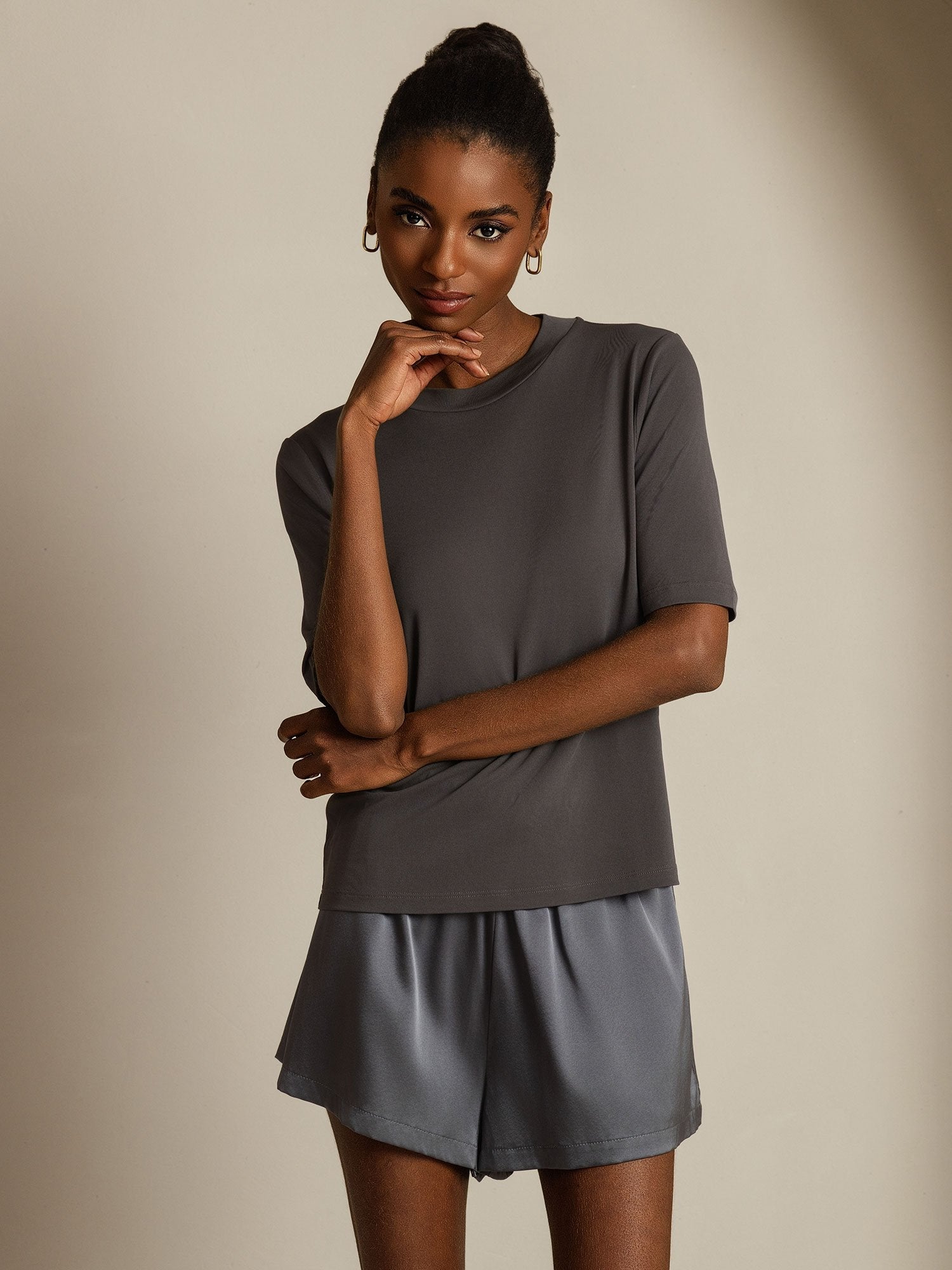 [Grijs] SilkSilky-NL Zijde Ronde Hals Dames T-Shirt 005