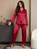 SilkSilky NL Pure Silk Lange Mouw Revers Dames Pyjama Set Wijn 001