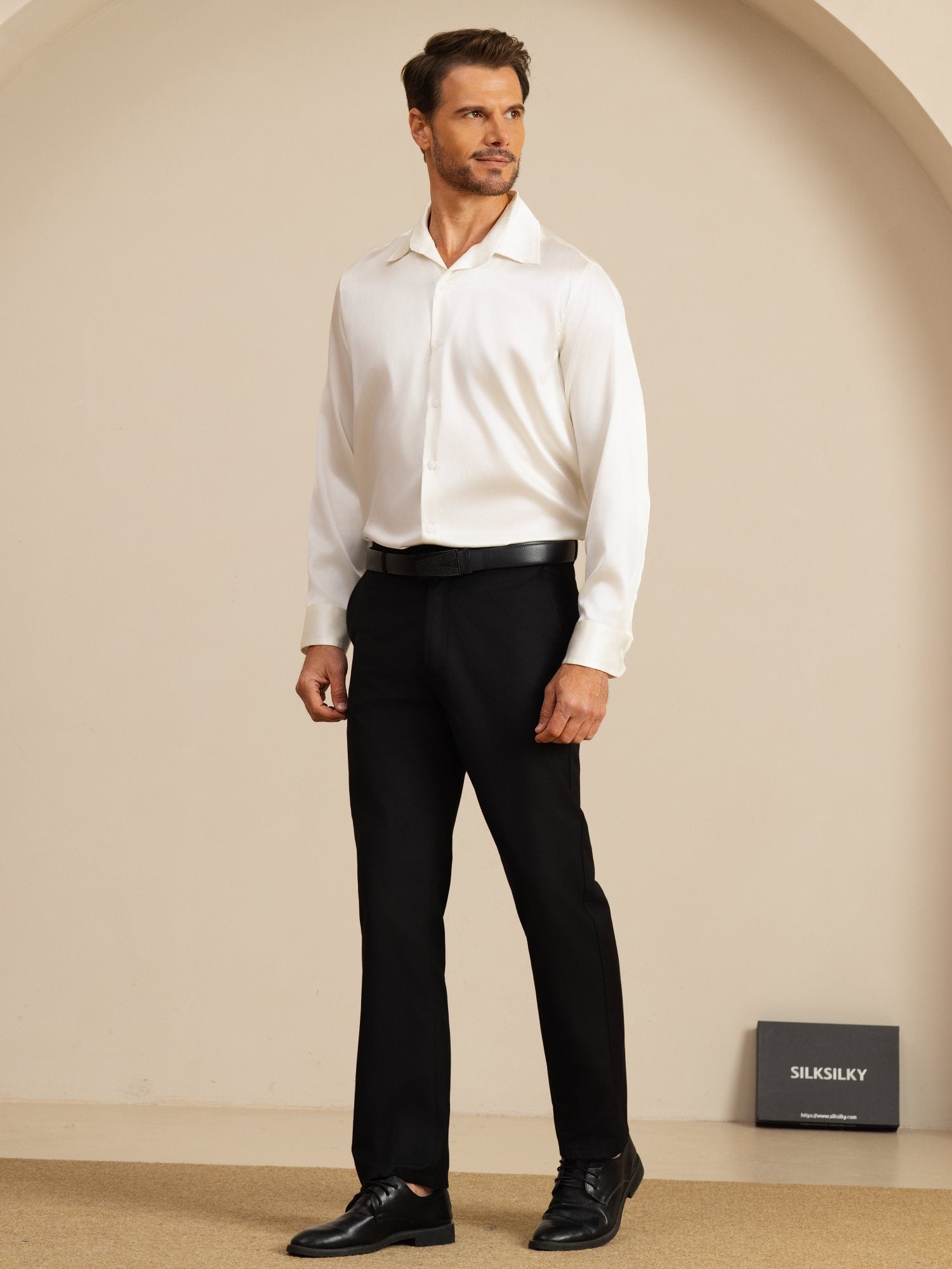 [Wit] SilkSilky-NL 19Momme Lange Mouw Reverskraag Heren Shirt 007