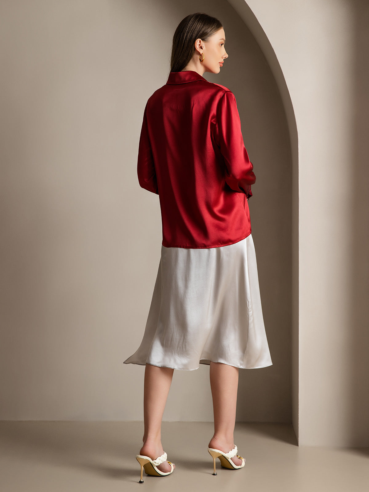 [Wijn] SilkSilky-NL 19Momme Zijde Lapel Collar Dames Blouse 002