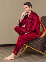 [Wijn] SilkSilky-NL Pure Silk Lange Mouw Revers Heren Pyjama Set 005