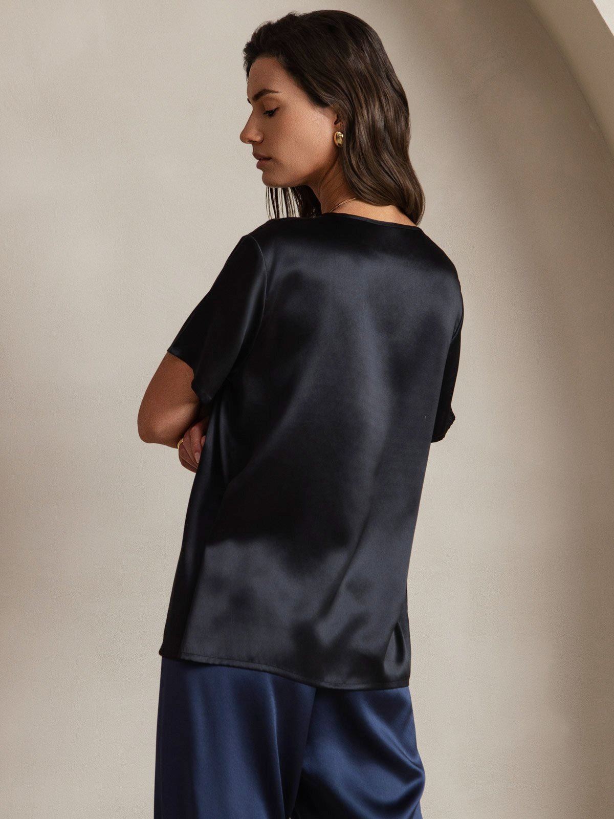 SilkSilky-NL Korte Mouw Ronde Hals Dames T-Shirt Zwart 002