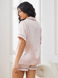 SilkSilky-NL Korte Mouw Revers Dames Pyjama Set Roze 002