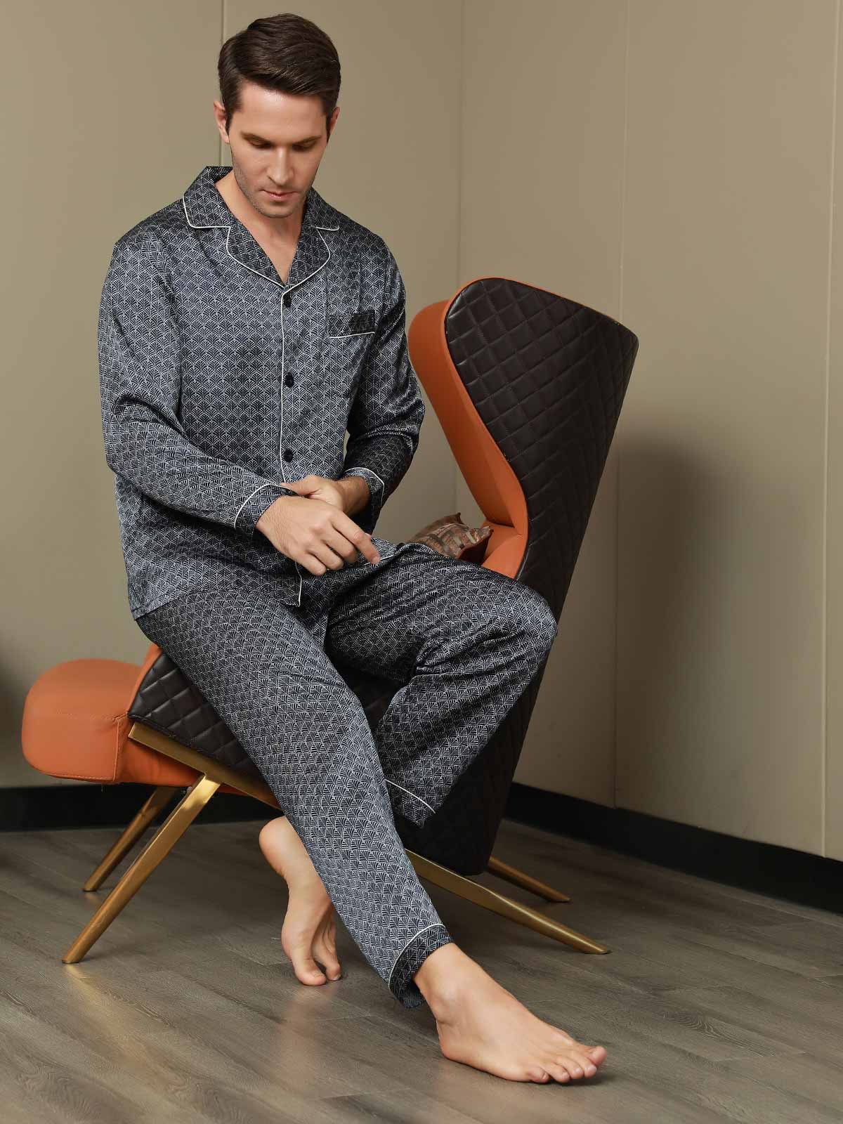 [Marine Ginkgo] SilkSilky-NL 19Momme Mens Pajamas 006