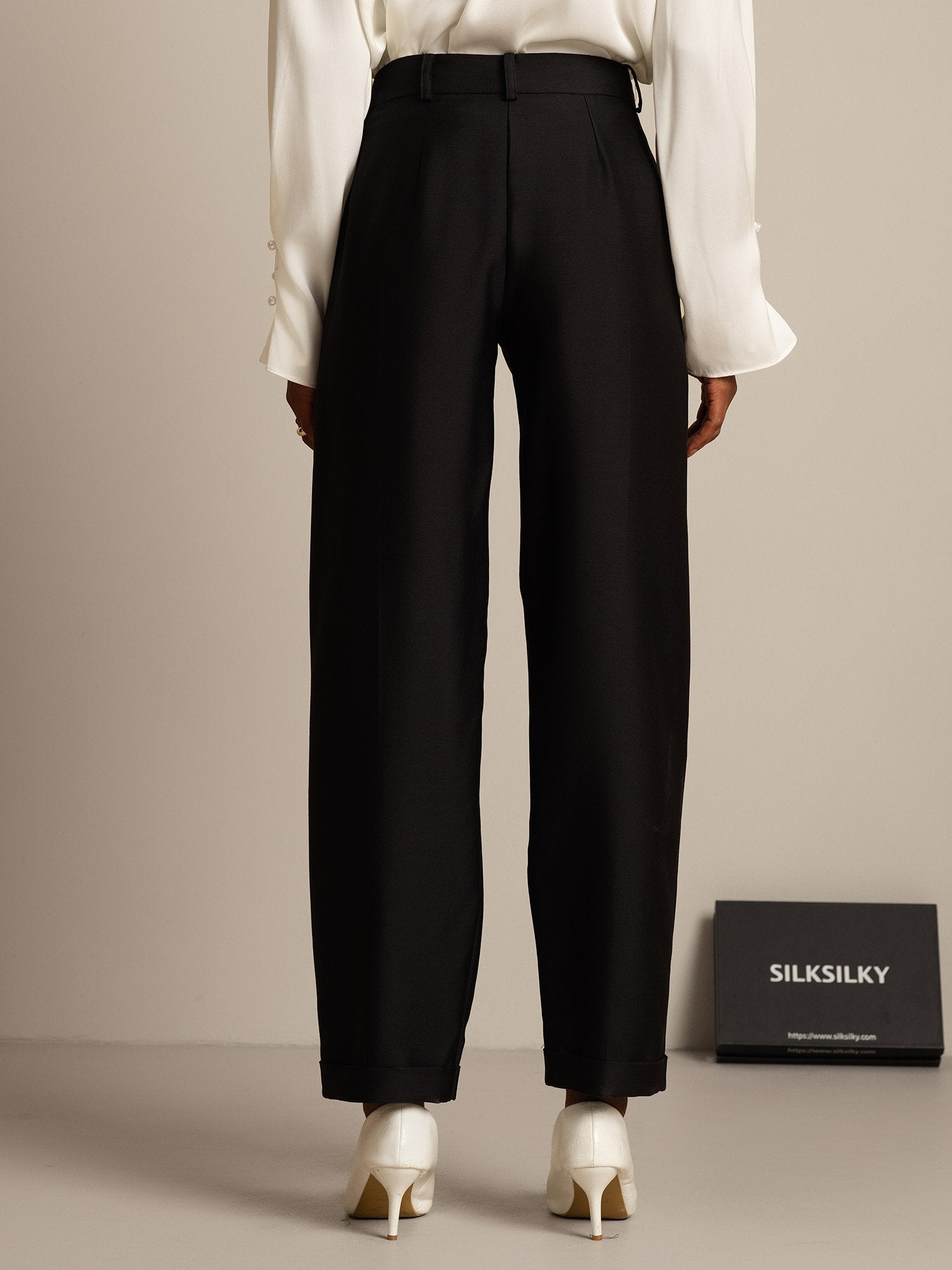 [Zwart] SilkSilky-NL 32Momme Silk-Wool Blend Womens Pants 002,