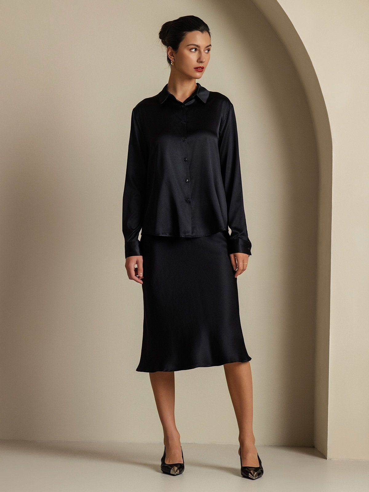 [Zwart] SilkSilky-NL 19Momme Zijde Kraag Women''s Outfit Sets 007,