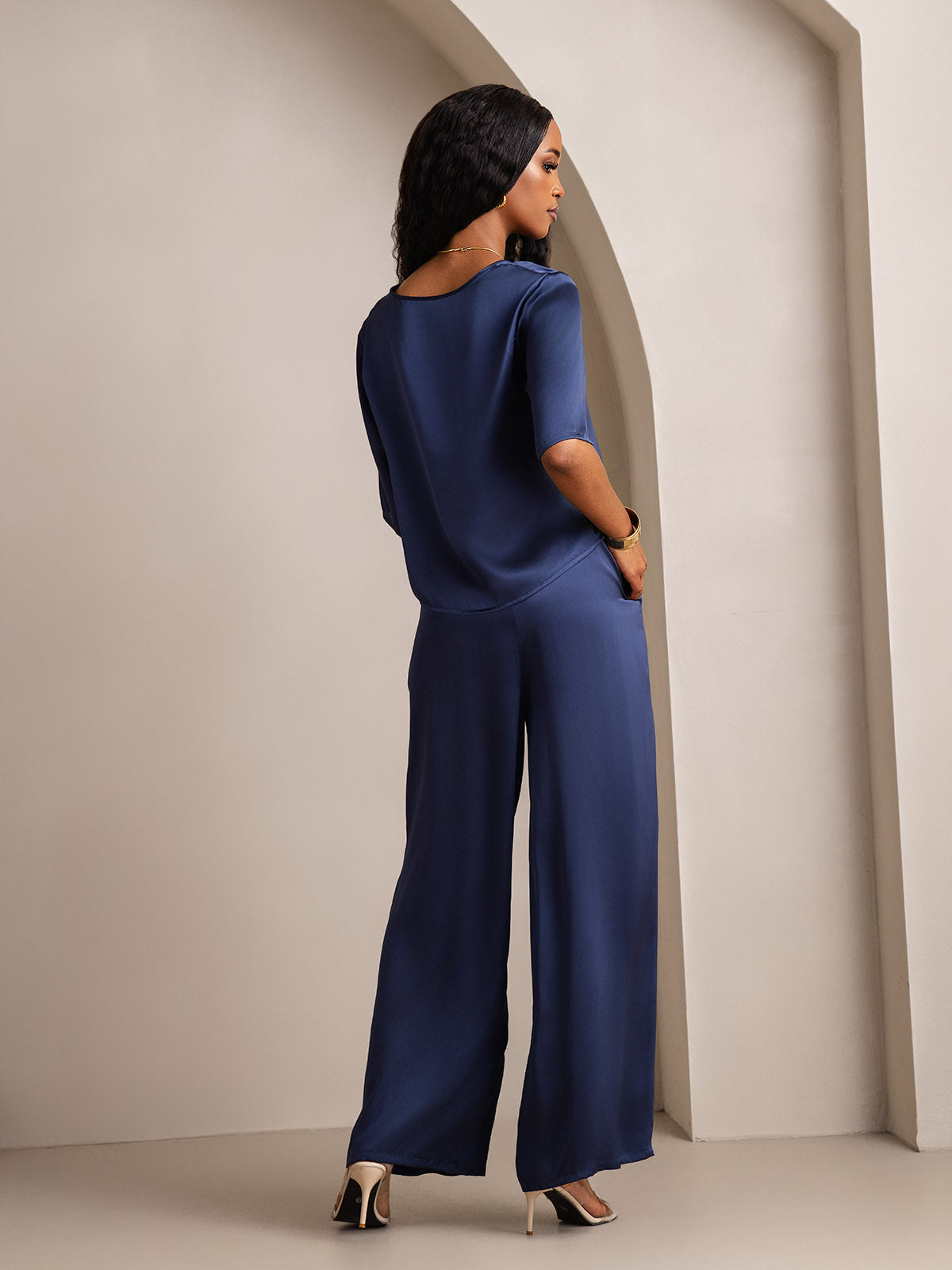 [Donkerblauw] SilkSilky-NL Ronde Hals Dames Pyjama Set 002