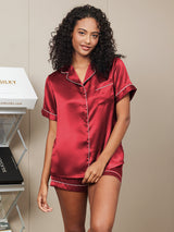 [Wijn] SilkSilky-NL Korte Mouw Notchkraag Dames Pyjama Set 003