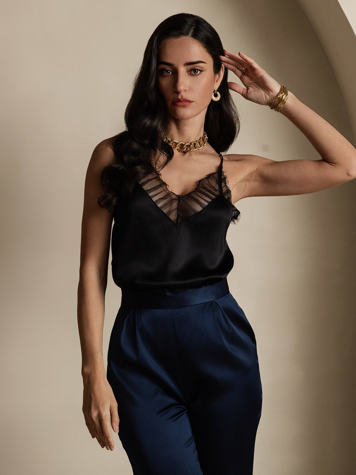 SilkSilky-NL Zijde Diepe V-Hals Cami-Top Zwart 006