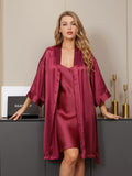 SilkSilky NL Pure Silk 3/4 Mouw Nightgown&Robe Set Wijn 005