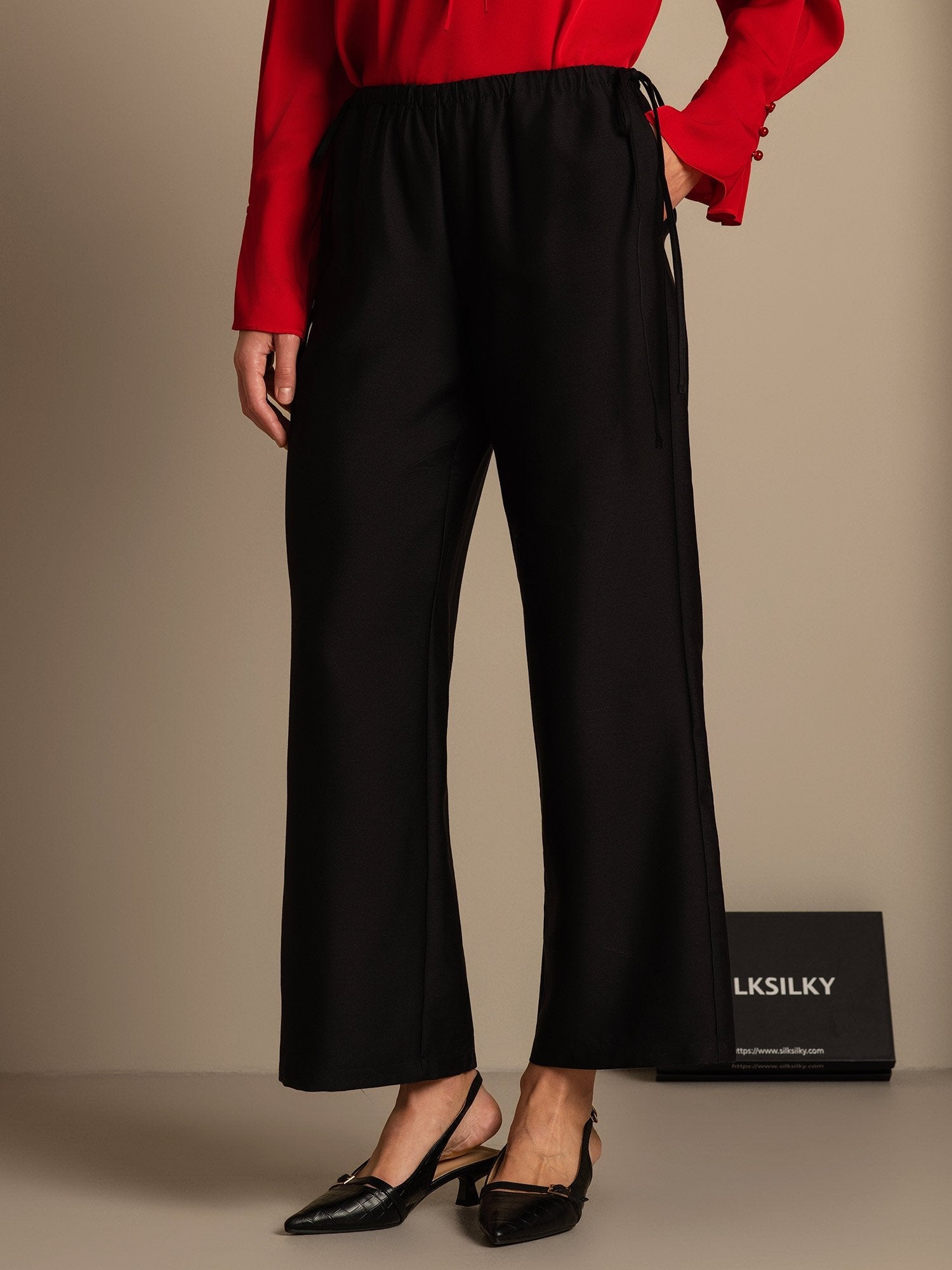 [Zwart] SilkSilky-NL 32Momme Silk-Wool Blend Womens Pants 003,